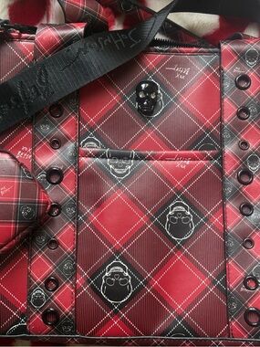 Betsey Johnson Red and Black Plaid Crossbody Bag with Skull Accent
